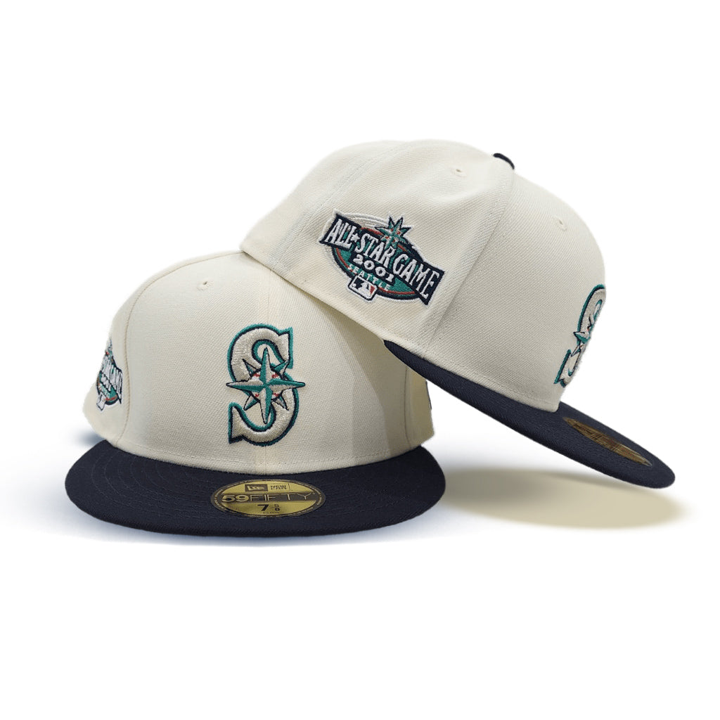 Off White Seattle Mariners Navy Blue Visor Gray Bottom 2001 All Star Game  Side Patch New Era 59Fifty Fitted