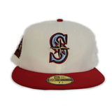 Off White Seattle Mariners Red Visor Soft Yellow Bottom 30th Anniversary side Patch New Era 59Fifty Fitted