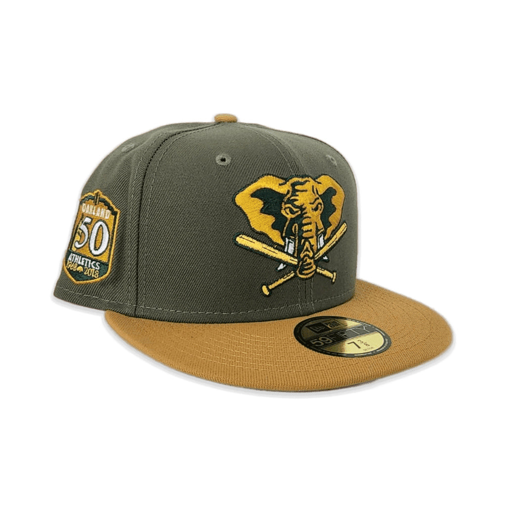 Olive Green Oakland Athletics Tan Visor Gray Bottom 50th Anniversary Side Patch New Era 59FIFTY Fitted 71/4