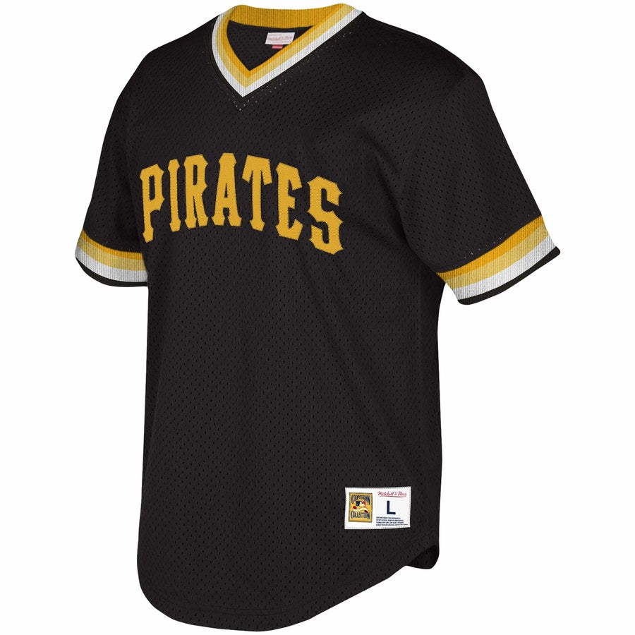 Pittsburgh Pirates Mitchell & Ness Cooperstown Collection Mesh Wordmark  V-Neck Jersey - Black