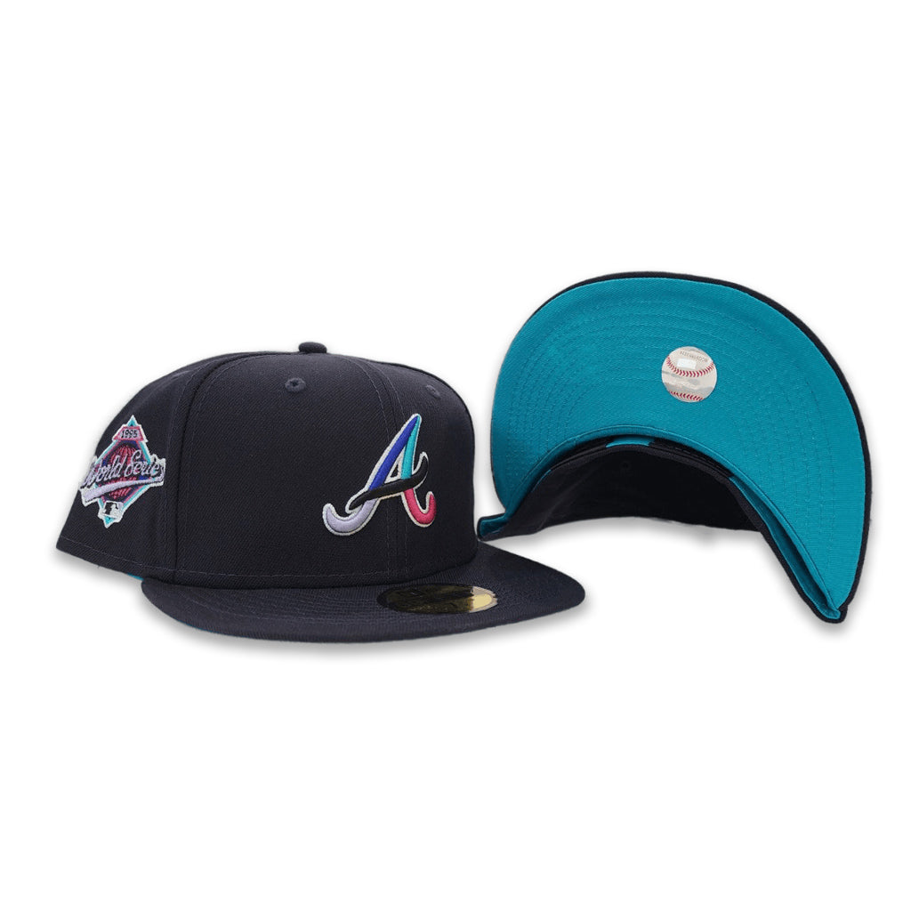 Polar Lights Navy Blue Atlanta Braves Turquoise Blue Bottom 1995 World Series Side Patch New Era 59Fifty Fitted