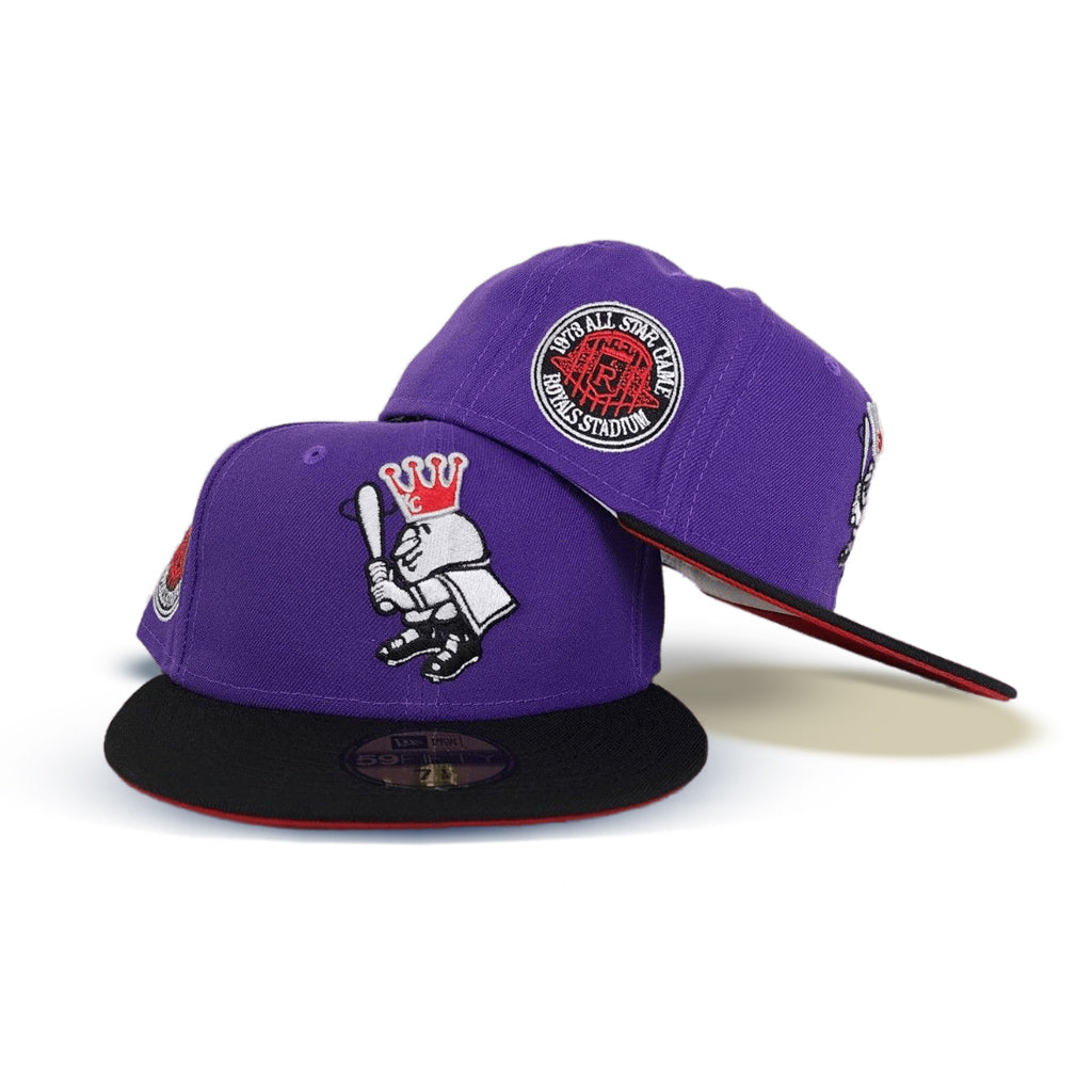 Purple Kancas City Royals Black Visor Red Bottom 1973 All Star Game Side Patch New Era 59FIFTY Fitted 71/8