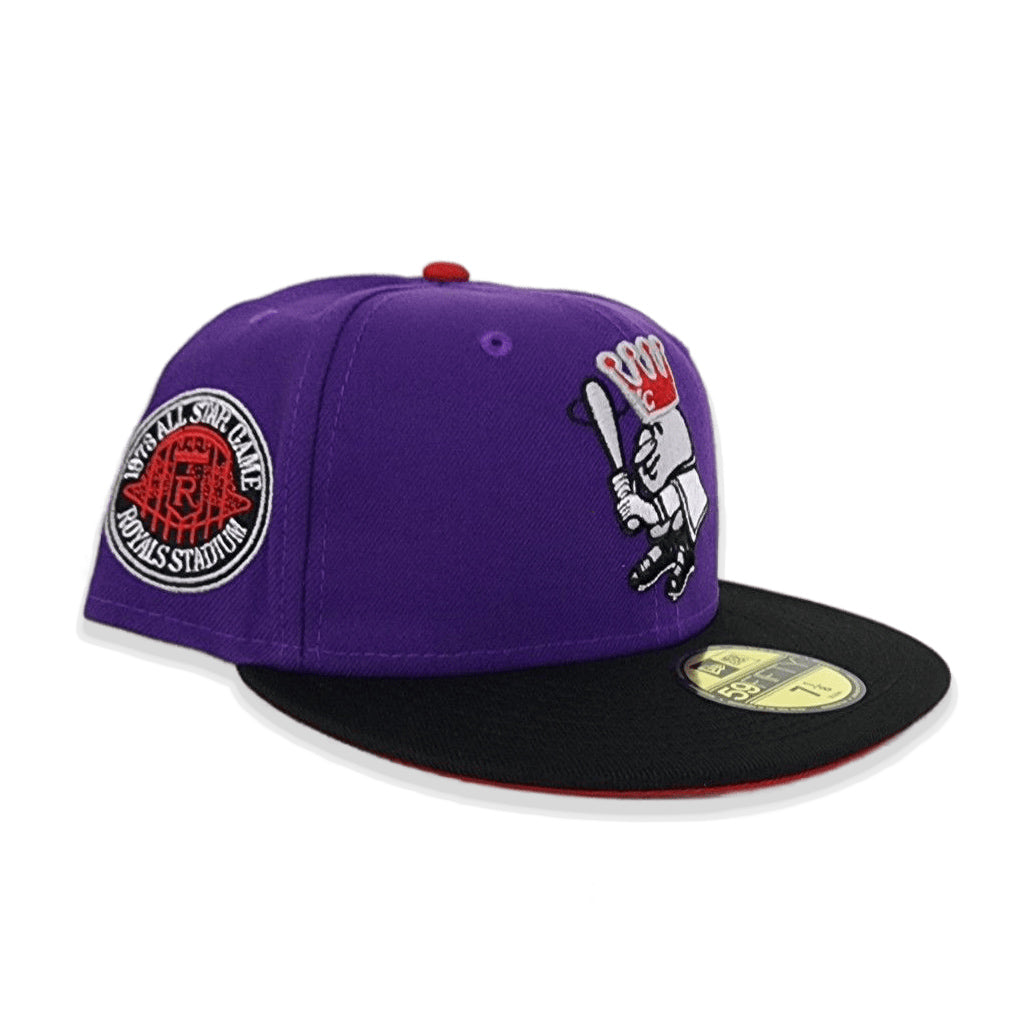 Purple Kancas City Royals Black Visor Red Bottom 1973 All Star Game Side Patch New Era 59FIFTY Fitted 71/8