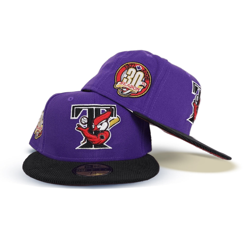 Purple Toronto Blue Jays Black corduroy Visor Red Bottom 30th Anniversary Side Patch New Era 59Fifty Fitted