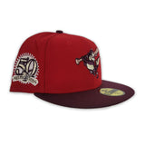 Red Baltimore Orioles Maroon Visor Soft Yellow Bottom 50th Anniversary Side Patch New Era 59Fifty Fitted