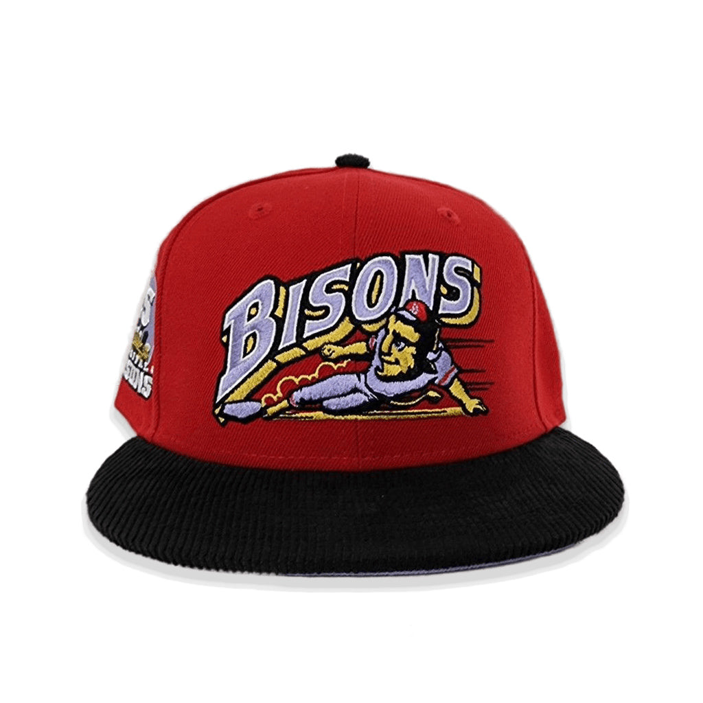 Red Buffalo Bisons Black Corduroy Visor Lavender Bottom 25th Years Side Patch New Era 59Fifty Fitted