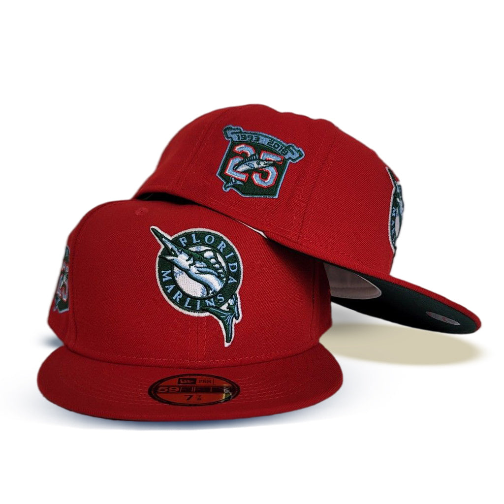 Red Florida Marlins Dark Green Bottom 25th Anniversary Side Patch New Era 59FIFTY Fitted 8
