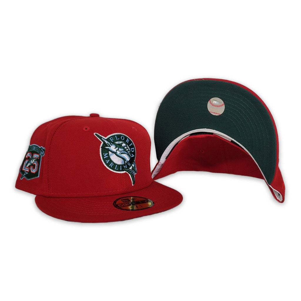 Red Florida Marlins Dark Green Bottom 25th Anniversary Side Patch New Era 59FIFTY Fitted 8