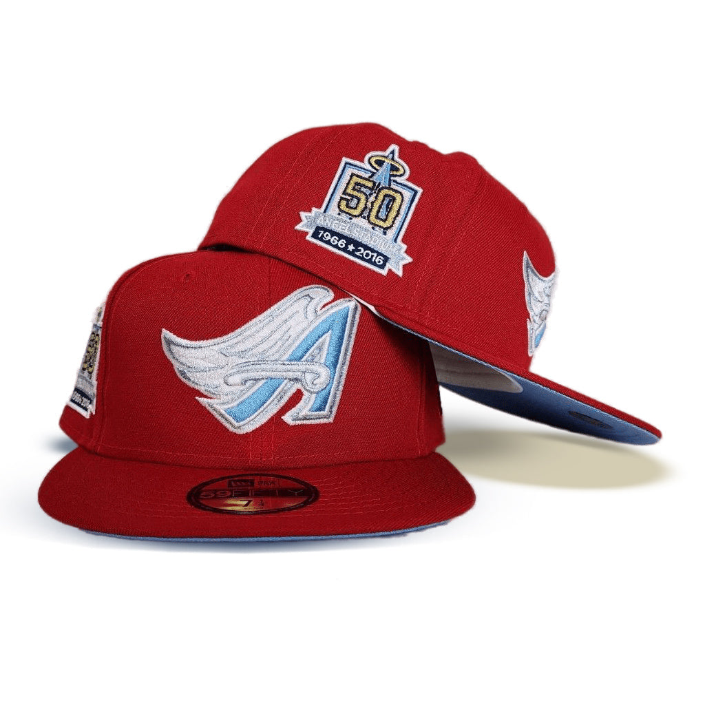 Tan Los Angeles Angels Sky Blue Visor Red Bottom 50th Anniversary Side Patch New Era 59FIFTY Fitted 71/8