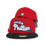 Red Philadelphia Phillies Black Corduroy Visor Lavender Bottom 1996 All Star Game Side Patch New Era 59Fifty Fitted