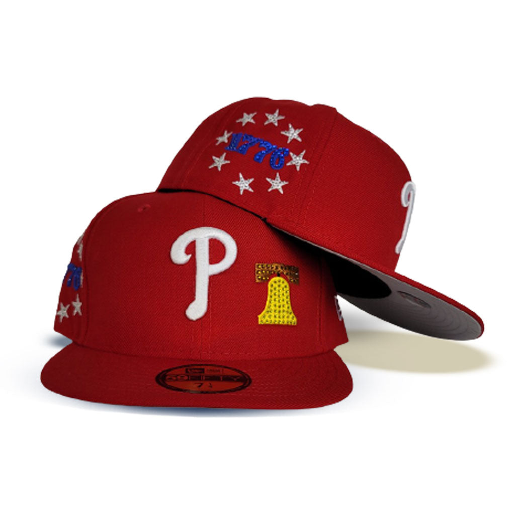 Red Philadelphia Phillies Grey Bottom Crystal 1776 Independence Day Side Patch New Era 59FIFTY Fitted 7 3/8