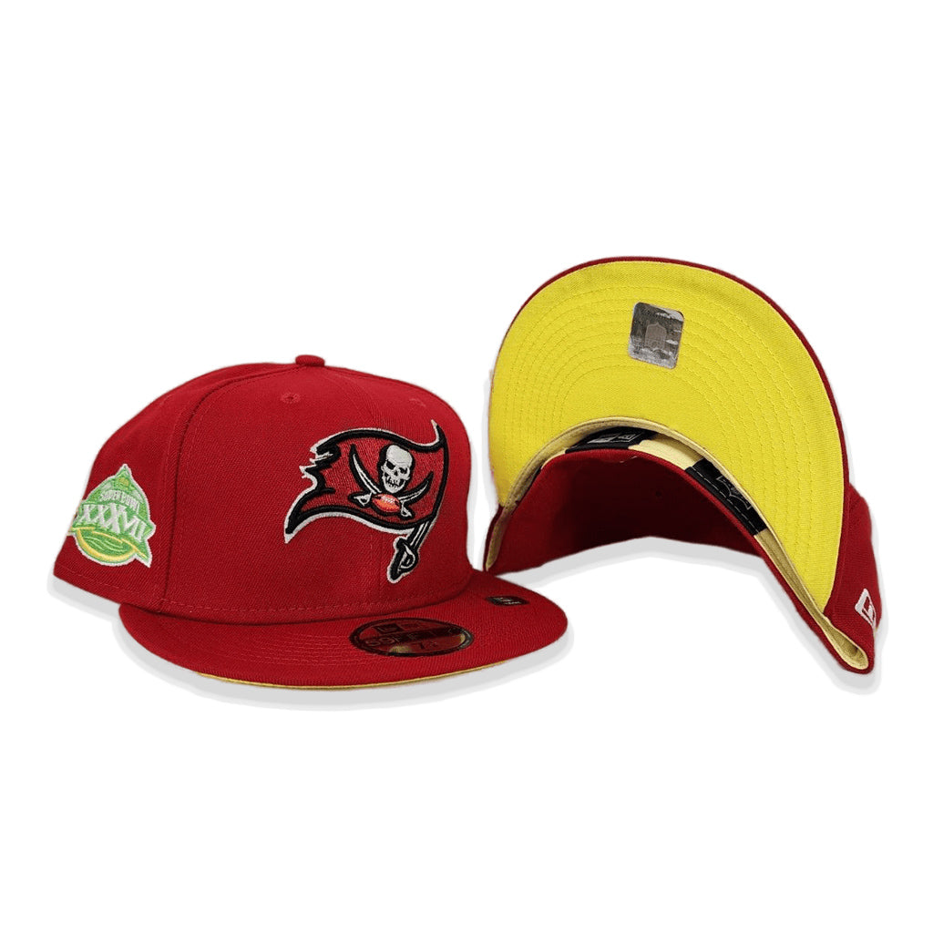 Red Tampa Bay Buccaneers Super Bowl XXXVII Side Patch Bloom Yellow Bottom 59FIFTY Fitted 71/4