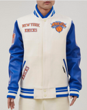 Off White Royal Blue New York Knicks Pro Standard Logo Wool Varsity Heavy Jacket