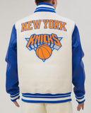 Off White Royal Blue New York Knicks Pro Standard Logo Wool Varsity Heavy Jacket