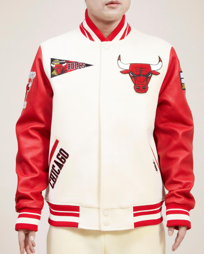 Full-Snap Wool and Leather Off-White Chicago Bulls Varsity Jacket - Jackets  Masters