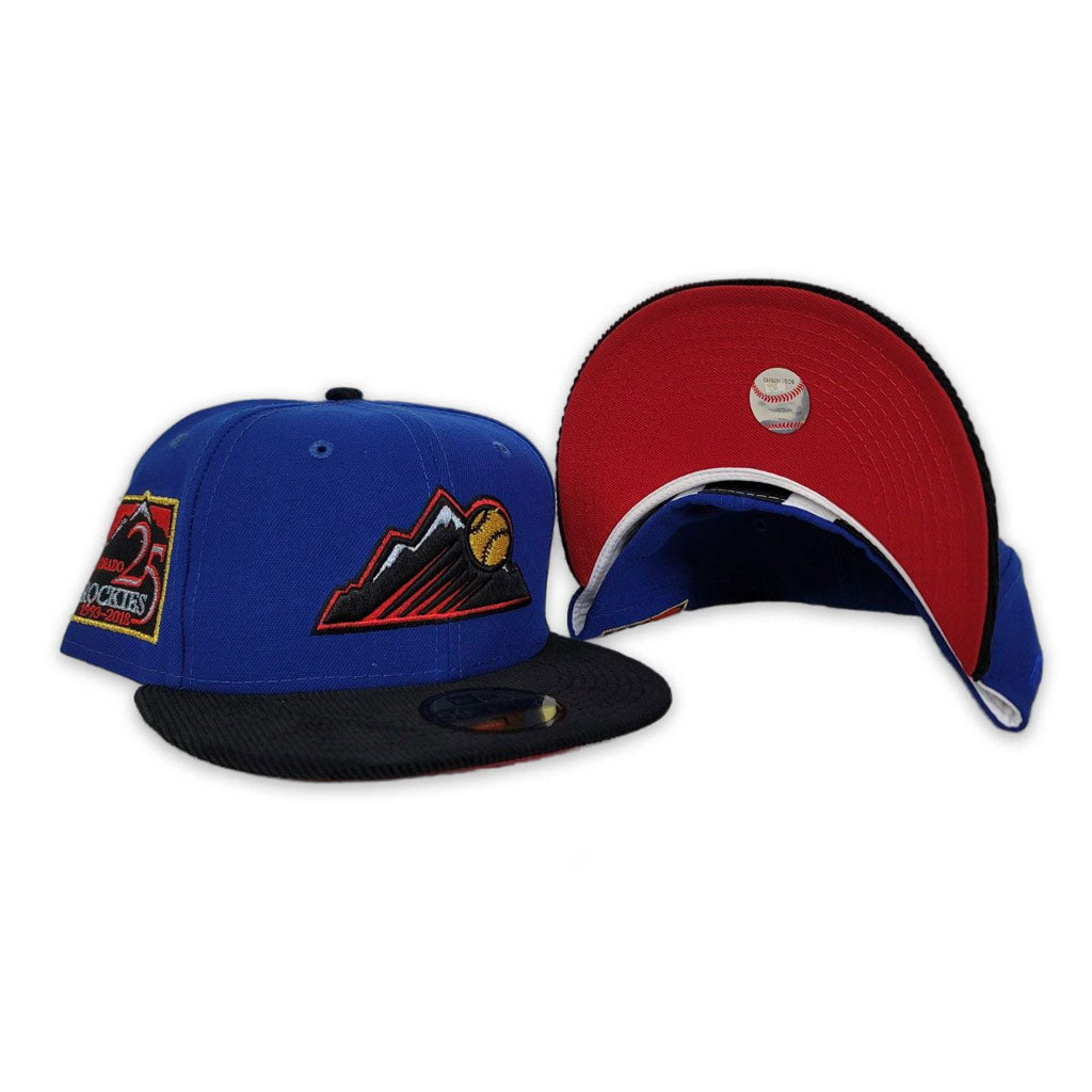 Sea Blue Colorado Rockies Black Corduroy Visor Red Bottom 25th Anniversary Side Patch New Era 59Fifty Fitted