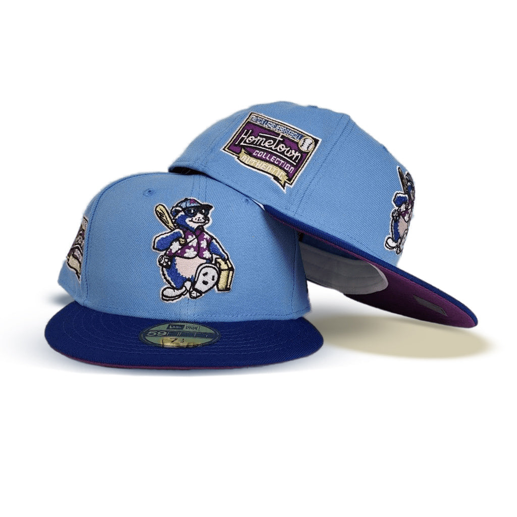 Sky Blue Asheville Tourists Royal Visor Grape Purple Bottom Hometown Collection Side Patch New Era 59Fifty Fitted