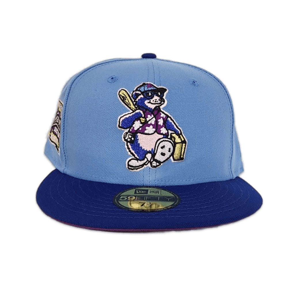 Sky Blue Asheville Tourists Royal Visor Grape Purple Bottom Hometown Collection Side Patch New Era 59Fifty Fitted