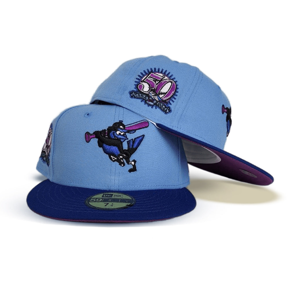 Sky Blue Baltimore Orioles Royal Visor Grape Purple Bottom 50th Anniversary Side Patch New Era 59FIFTY Fitted 71/8