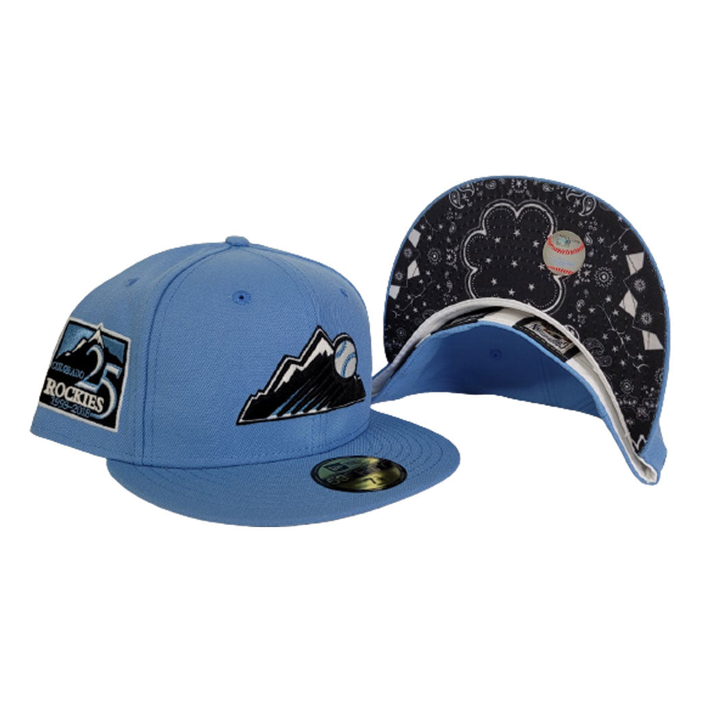 Sky Blue Colorado Rockies Paisley Bottom 25th Anniversary Side Patch New Era 59Fifty Fitted