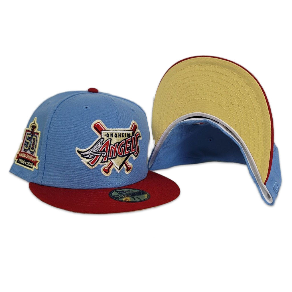 Tan Los Angeles Angels Sky Blue Visor Red Bottom 50th Anniversary Side Patch New Era 59FIFTY Fitted 71/8