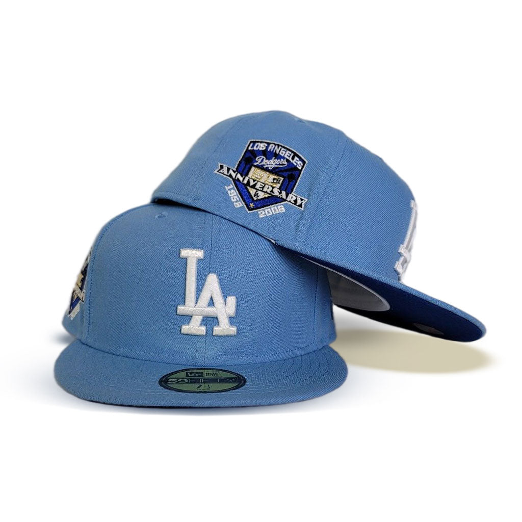 White Los Angeles Dodgers Royal Blue Bottom 50th Anniversary Side Patc –  Exclusive Fitted Inc.