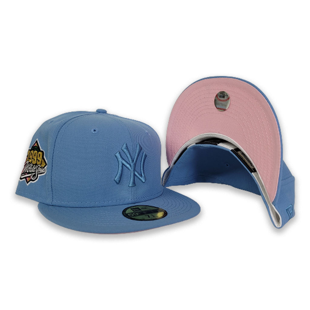 light blue yankee hat with pink brim