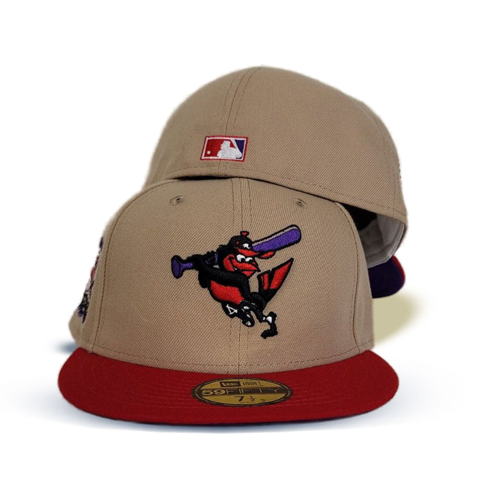 Tan Baltimore Orioles Red Visor Purple Bottom 50th Anniversary Side Patch New Era 59Fifty Fitted