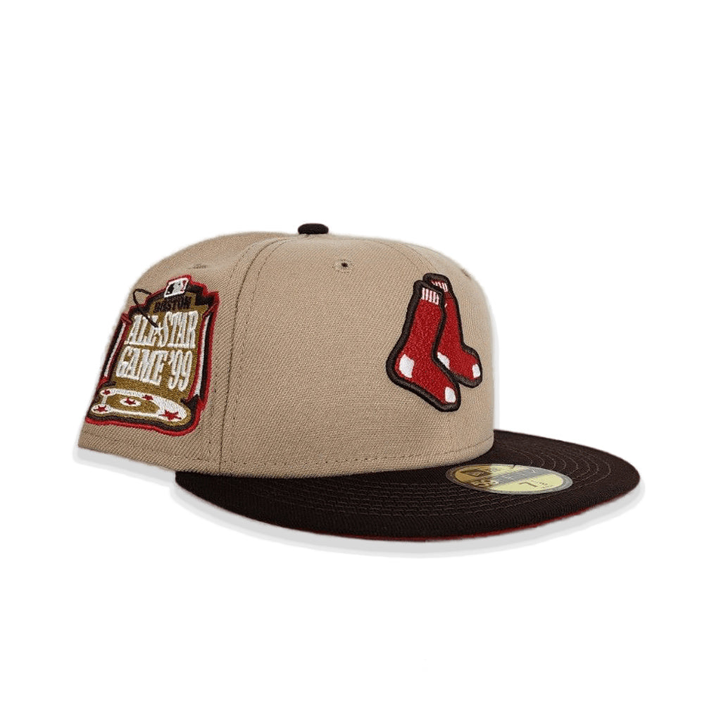 Tan Boston Red Sox Brown Visor Red Bottom 1999 All Star Game Side Patch New Era 59FIFTY Fitted 77/8