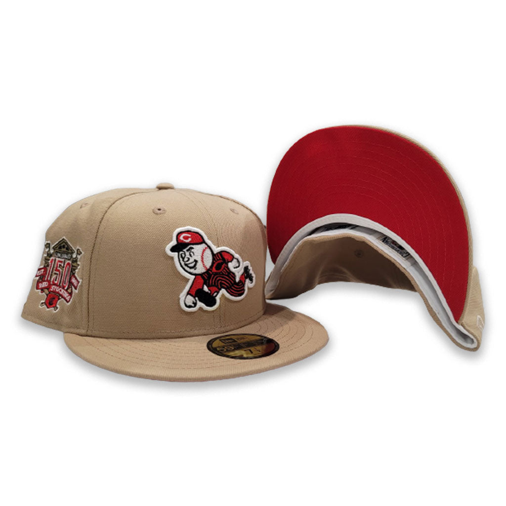 Tan Cincinnati Reds Red Bottom 150th Anniversary side Patch New Era 59Fifty Fitted