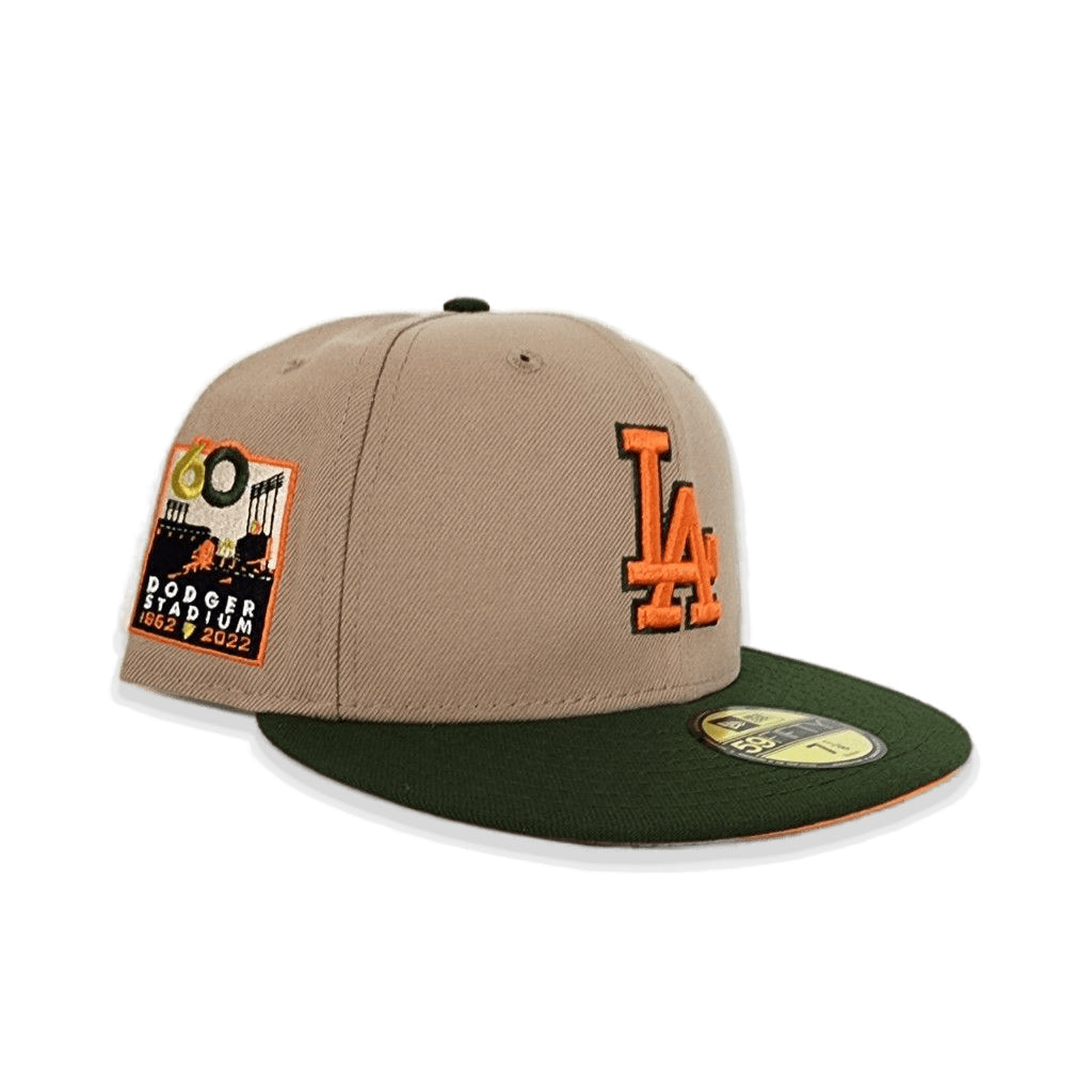 Tan Los Angeles Dodgers Olive Green Visor Orange Bottom 60th Anniversary Side Patch New Era 59FIFTY Fitted 73/4