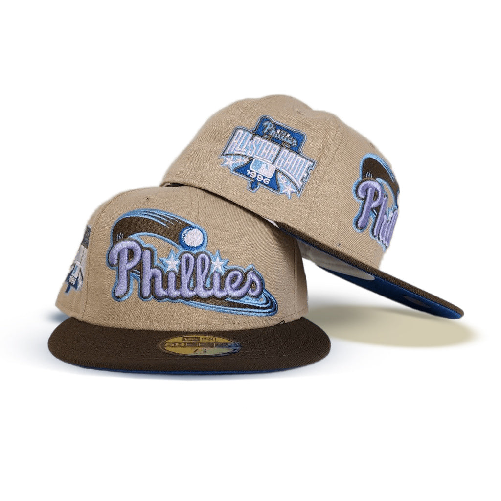 Tan Philadelphia Phillies Brown Visor Sea Blue Bottom 1996 All Star Game Side Patch New Era 59FIFTY Fitted 77/8