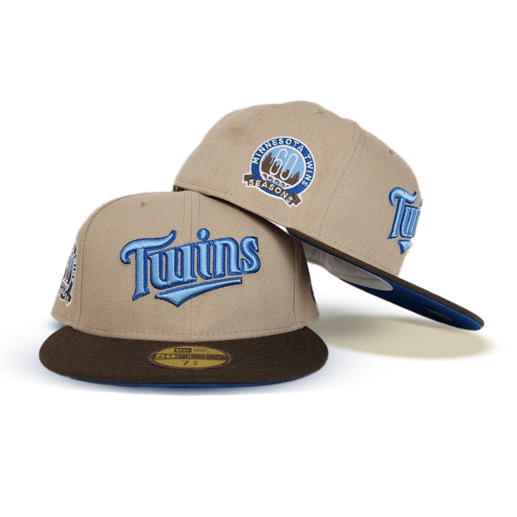 Tan Scrip Minnesota Twins Brown Visor Sea Blue Bottom 60th Anniversary Side Patch New Era 59FIFTY Fitted 71/4