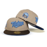 Tan Scrip Minnesota Twins Brown Visor Sea Blue Bottom 60th Anniversary Side Patch New Era 59Fifty Fitted