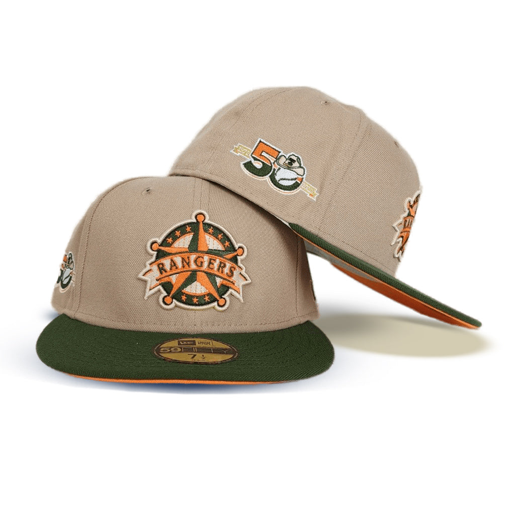Tan Texas Rangers Olive Green Visor Orange Bottom 50th Anniversary Side Patch New Era 59FIFTY Fitted 71/2