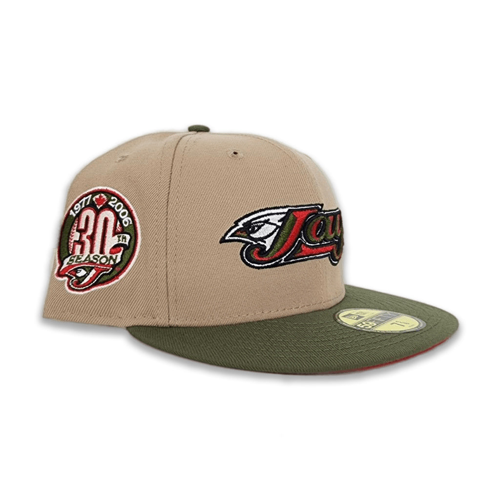 Tan Toronto Blue Jays Olive Green Visor Red Bottom 30th Anniversary Side Patch New Era 59Fifty Fitted