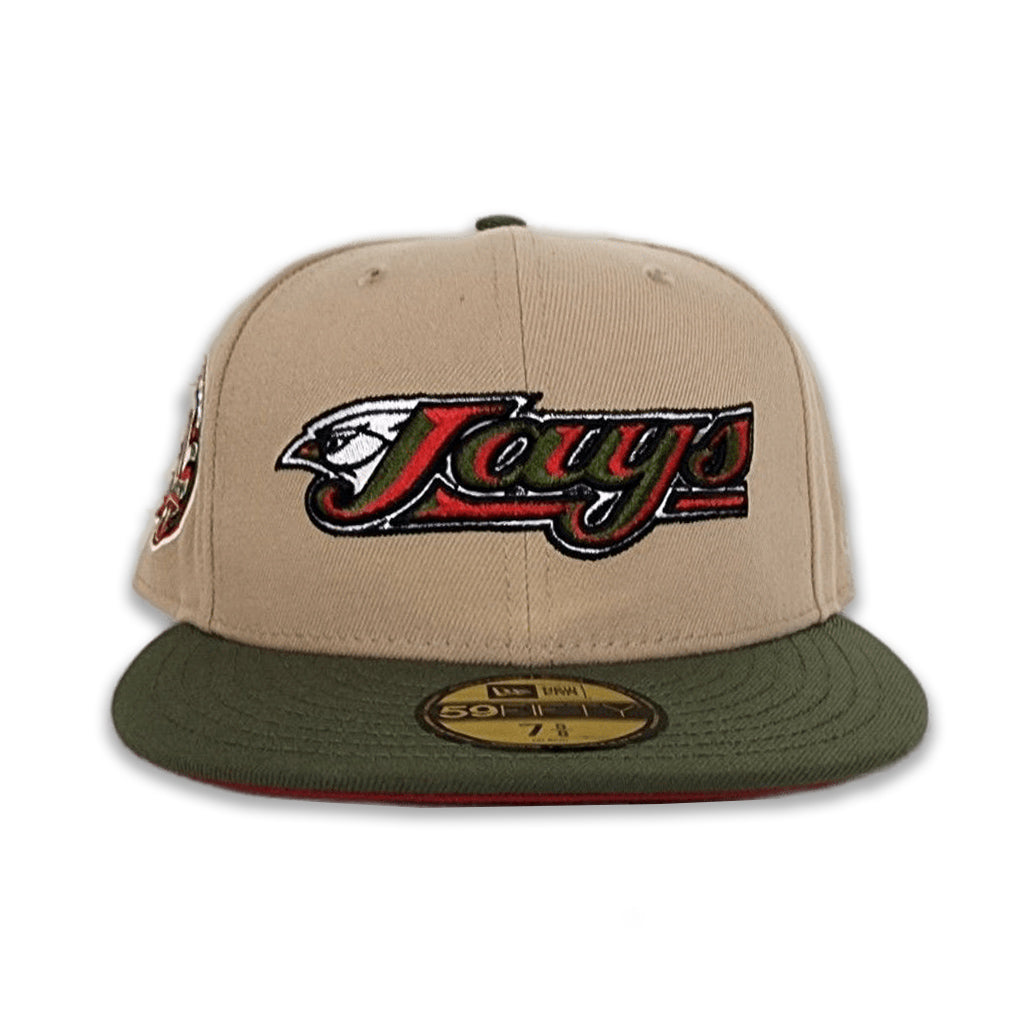 Tan Toronto Blue Jays Olive Green Visor Red Bottom 30th Anniversary Side Patch New Era 59Fifty Fitted