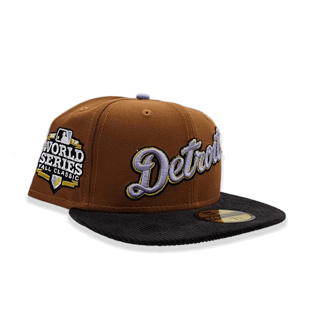 Toast Script Detroit Tigers Black Corduroy Visor Lavender Bottom 2012 World Series Side Patch New Era 59FIFTY Fitted 73/4