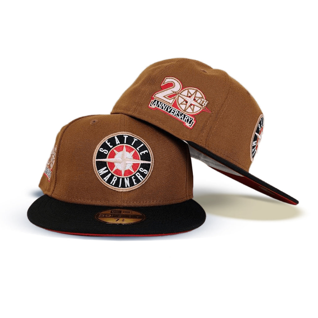 Toasted Peanut Seattle Mariners Black Visor Red Bottom 20th Anniversary Side Patch New Era 59FIFTY Fitted 67/8