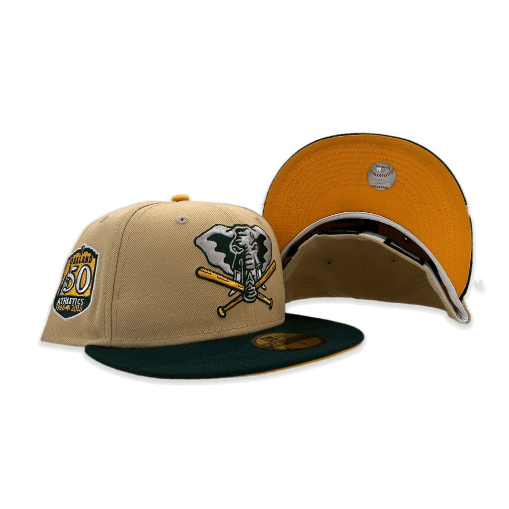Vegas Gold Oakland Athletics Dark Green Visor Yellow Bottom 50th Anniversary Side Patch New Era 59FIFTY Fitted 71/4