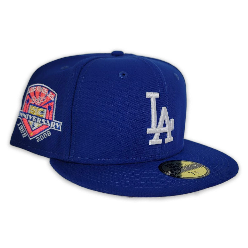 White Los Angeles Dodgers Royal Blue Bottom 50th Anniversary Side Patc –  Exclusive Fitted Inc.