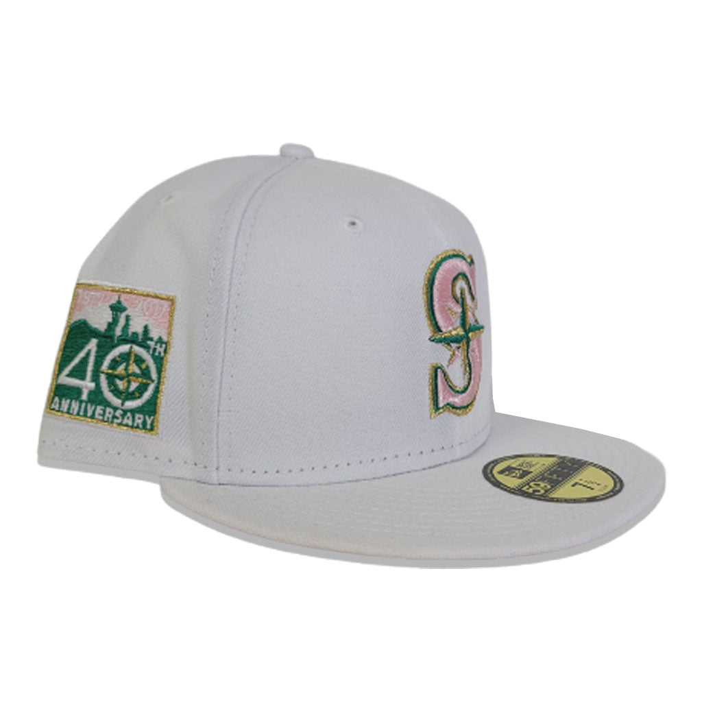White Seattle Mariners Pink Bottom 40th Anniversary Side Patch New Era 59Fifty Fitted