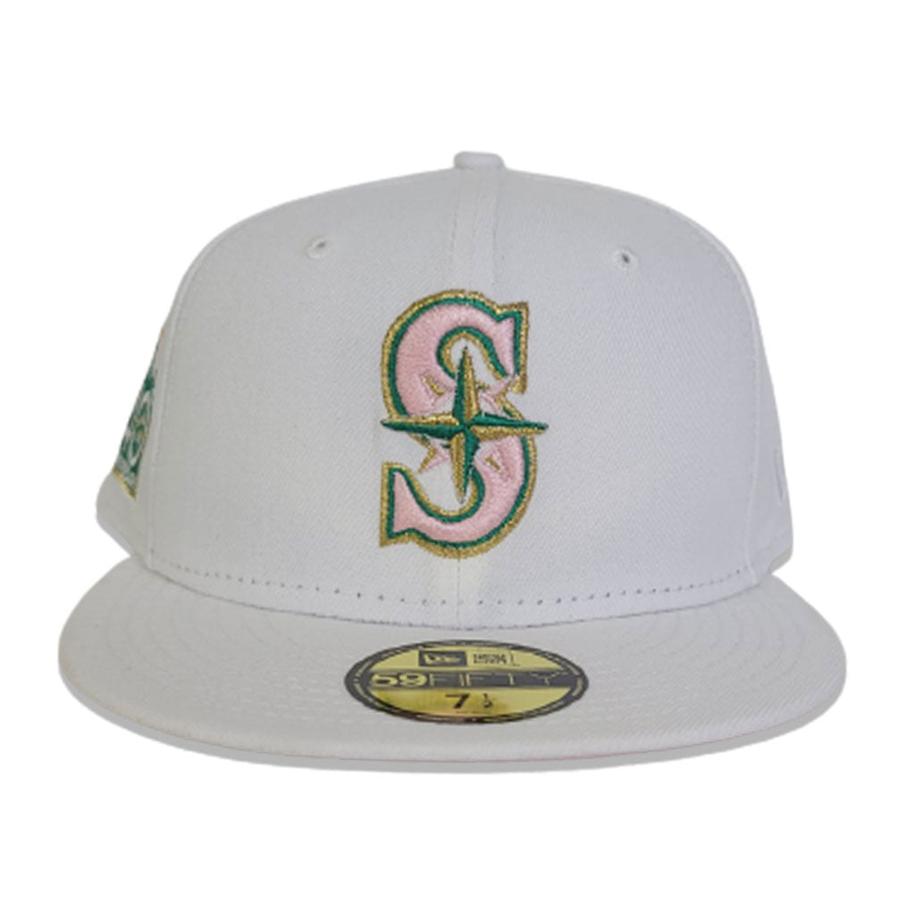 White Seattle Mariners Pink Bottom 40th Anniversary Side Patch New Era 59Fifty Fitted