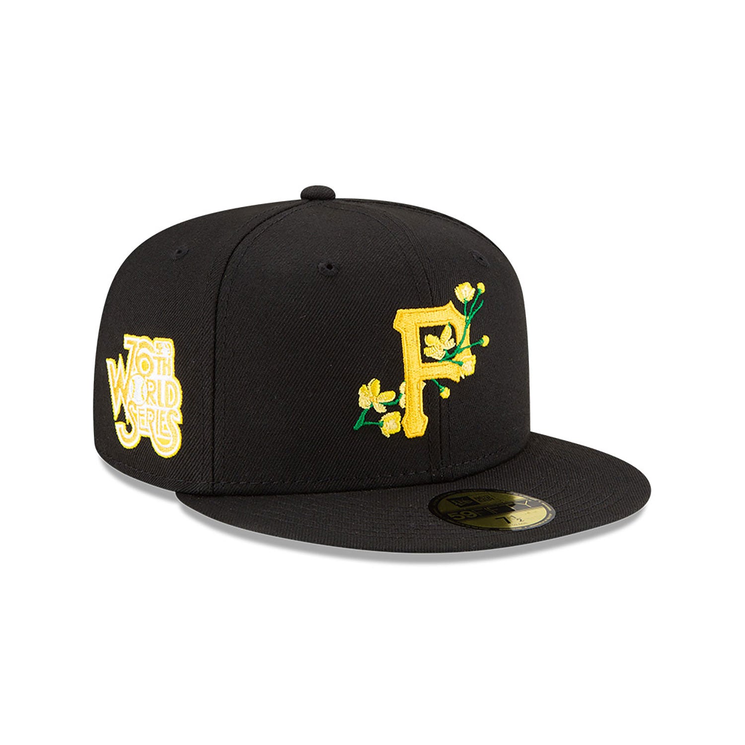 Black Pittsburgh Pirates Soft Yellow Bottom 76th World Series Side Patch Bloom New Era 59FIFTY Fitted 7 7/8